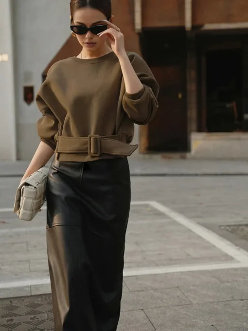 COMMENSE Sweatshirts & Hoodies|Tops^Belted Short Sweatshirt LightBrown