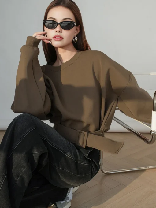 COMMENSE Sweatshirts & Hoodies|Tops^Belted Short Sweatshirt LightBrown