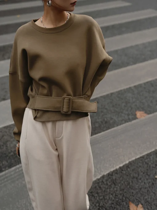 COMMENSE Sweatshirts & Hoodies|Tops^Belted Short Sweatshirt LightBrown
