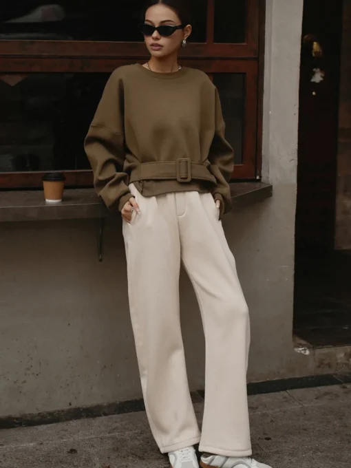 COMMENSE Sweatshirts & Hoodies|Tops^Belted Short Sweatshirt LightBrown