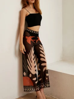 COMMENSE Swimwear|Tops^Bird Print Sheer Mesh Pants Black