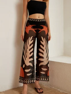 COMMENSE Swimwear|Tops^Bird Print Sheer Mesh Pants Black