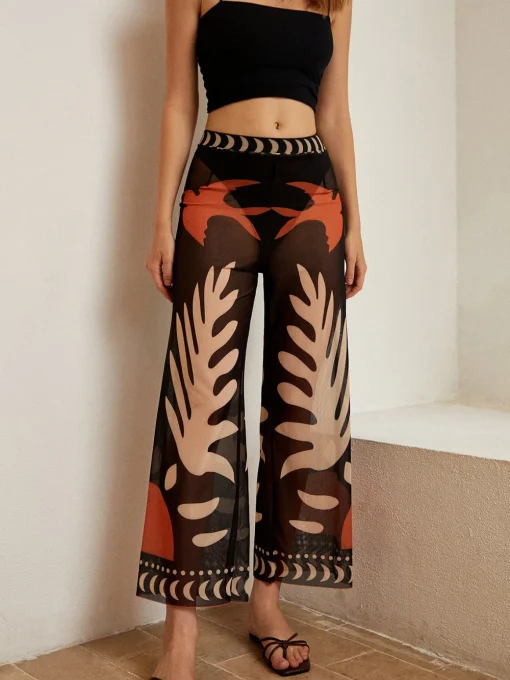 COMMENSE Swimwear|Tops^Bird Print Sheer Mesh Pants Black