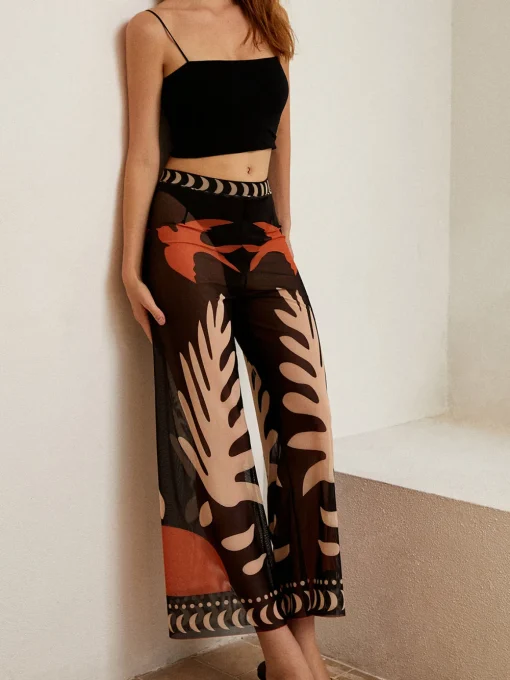 COMMENSE Swimwear|Tops^Bird Print Sheer Mesh Pants Black