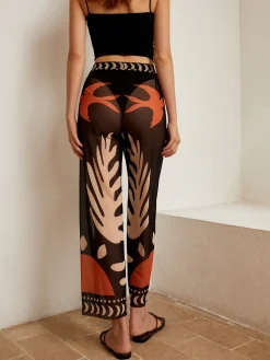 COMMENSE Swimwear|Tops^Bird Print Sheer Mesh Pants Black