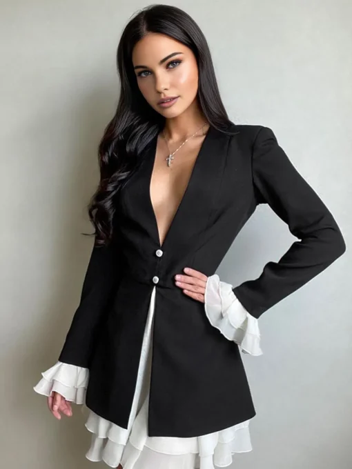 COMMENSE Black Dresses|Casual Dresses^Blazer V-Neck Buttoned Short Dress Black