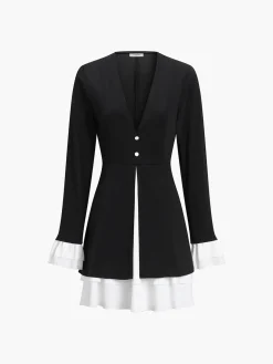 COMMENSE Black Dresses|Casual Dresses^Blazer V-Neck Buttoned Short Dress Black