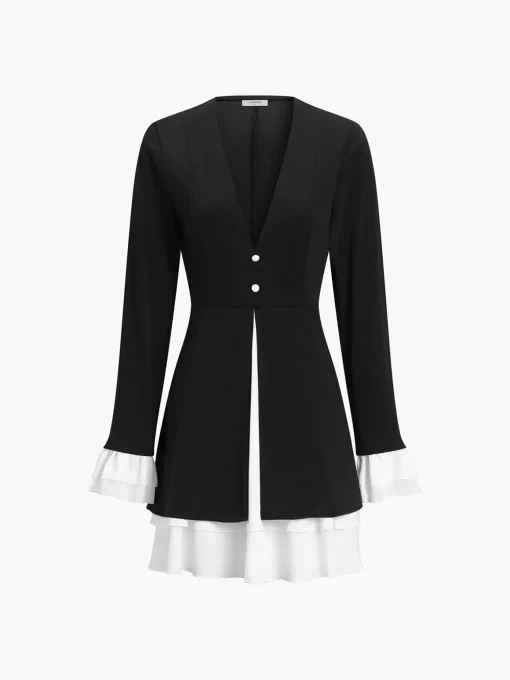 COMMENSE Black Dresses|Casual Dresses^Blazer V-Neck Buttoned Short Dress Black