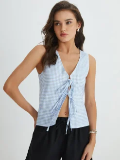 COMMENSE Tank Tops & Camis|Tops^Blue Gingham Tie Front Top LightBlue