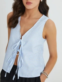 COMMENSE Tank Tops & Camis|Tops^Blue Gingham Tie Front Top LightBlue