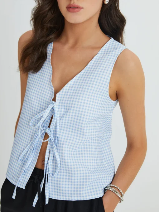 COMMENSE Tank Tops & Camis|Tops^Blue Gingham Tie Front Top LightBlue