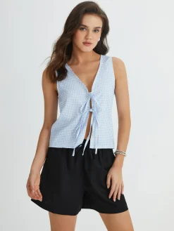 COMMENSE Tank Tops & Camis|Tops^Blue Gingham Tie Front Top LightBlue