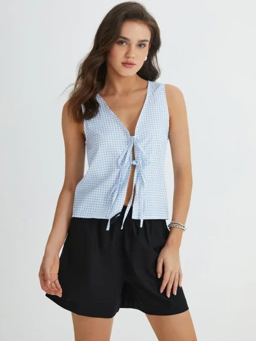 COMMENSE Tank Tops & Camis|Tops^Blue Gingham Tie Front Top LightBlue