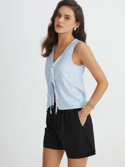 COMMENSE Tank Tops & Camis|Tops^Blue Gingham Tie Front Top LightBlue