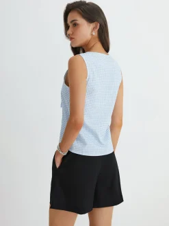COMMENSE Tank Tops & Camis|Tops^Blue Gingham Tie Front Top LightBlue