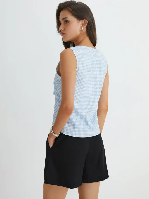 COMMENSE Tank Tops & Camis|Tops^Blue Gingham Tie Front Top LightBlue