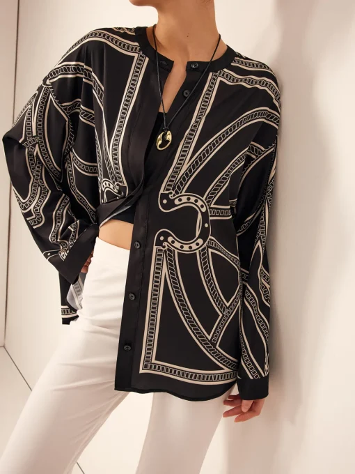 COMMENSE Blouses & Shirts|Tops^Boheme Printed Breasted Satin Shirt Black