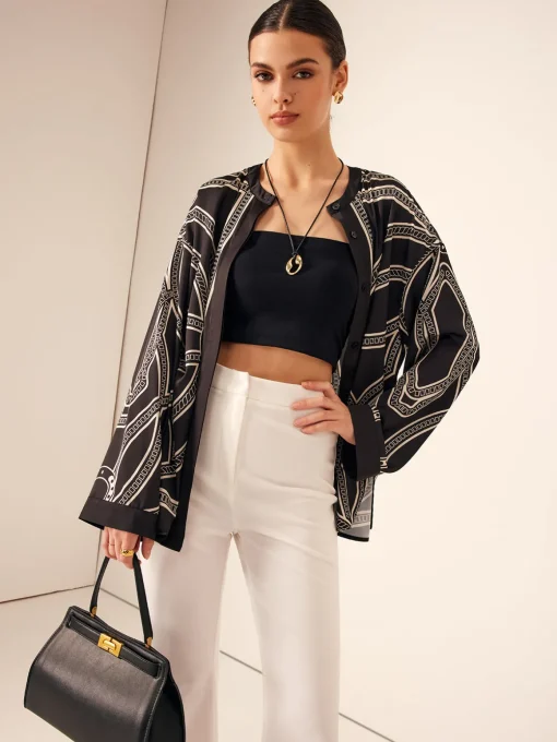 COMMENSE Blouses & Shirts|Tops^Boheme Printed Breasted Satin Shirt Black