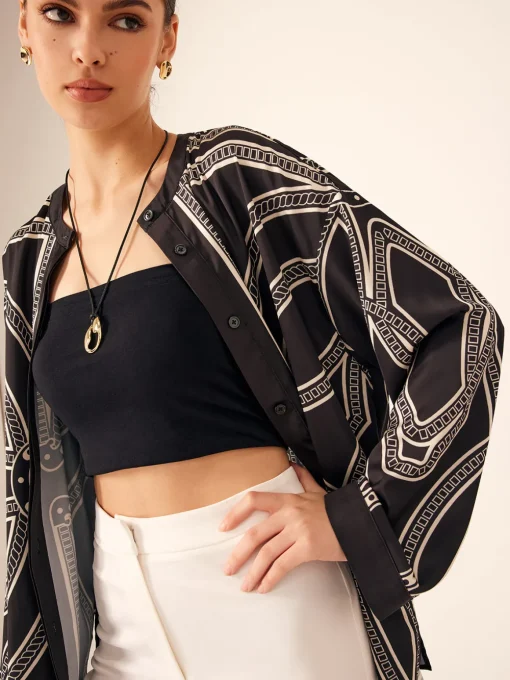 COMMENSE Blouses & Shirts|Tops^Boheme Printed Breasted Satin Shirt Black