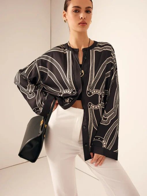 COMMENSE Blouses & Shirts|Tops^Boheme Printed Breasted Satin Shirt Black