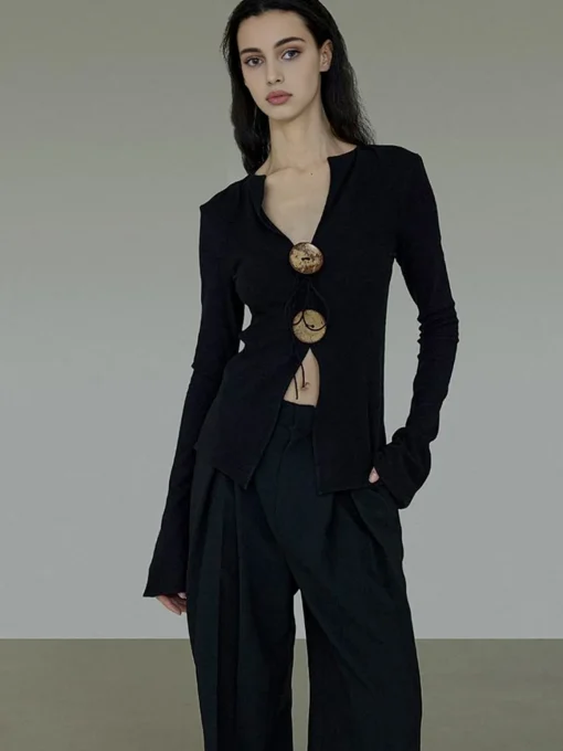 COMMENSE T-shirts|Knitwear^Bohemian Split Knit T-Shirt Black