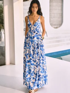 COMMENSE Floral Dresses|Vacation Dresses^Boho Blooming Floral Print Pocket Cami Long Dress Blue