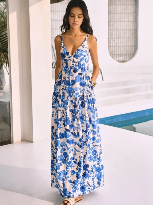 COMMENSE Floral Dresses|Vacation Dresses^Boho Blooming Floral Print Pocket Cami Long Dress Blue