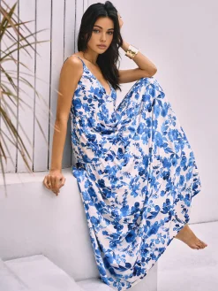 COMMENSE Floral Dresses|Vacation Dresses^Boho Blooming Floral Print Pocket Cami Long Dress Blue