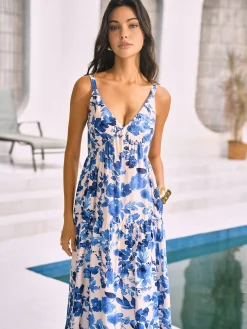 COMMENSE Floral Dresses|Vacation Dresses^Boho Blooming Floral Print Pocket Cami Long Dress Blue