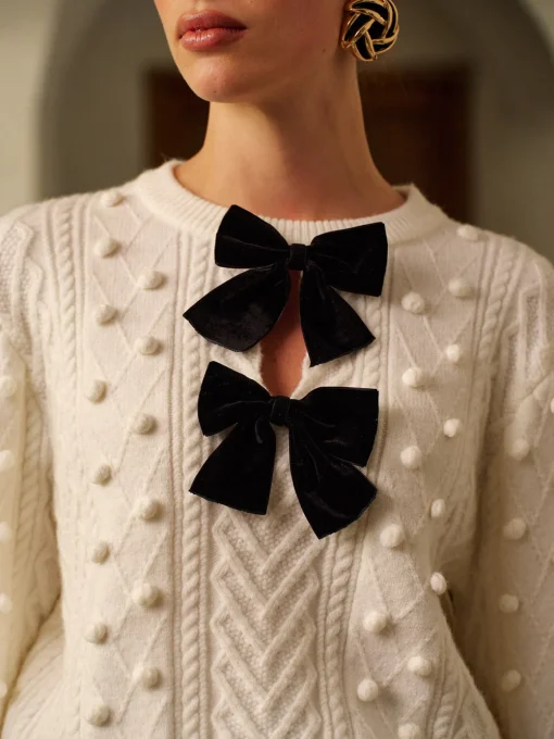 COMMENSE Knitwear|Tops^Bow Front Knit Ball-Decor Sweater White