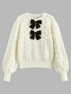 COMMENSE Knitwear|Tops^Bow Front Knit Ball-Decor Sweater White