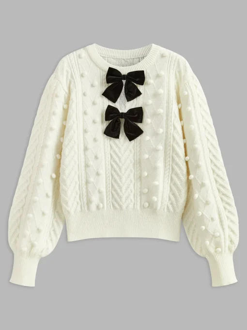 COMMENSE Knitwear|Tops^Bow Front Knit Ball-Decor Sweater White