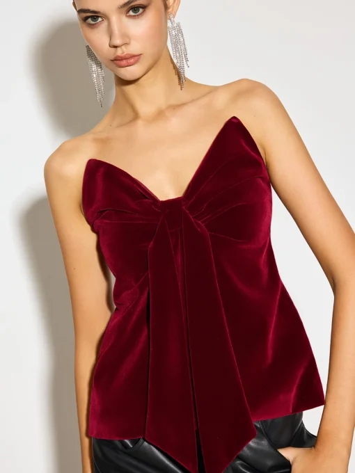 COMMENSE Tops^Bow Front Velvet Zipper Tube Top Burgundy