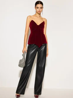 COMMENSE Tops^Bow Front Velvet Zipper Tube Top Burgundy