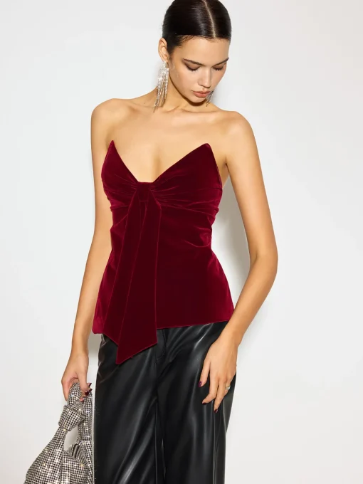 COMMENSE Tops^Bow Front Velvet Zipper Tube Top Burgundy