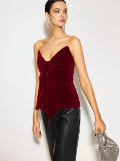 COMMENSE Tops^Bow Front Velvet Zipper Tube Top Burgundy
