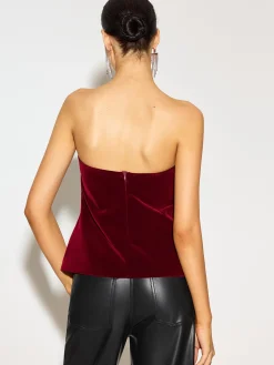 COMMENSE Tops^Bow Front Velvet Zipper Tube Top Burgundy