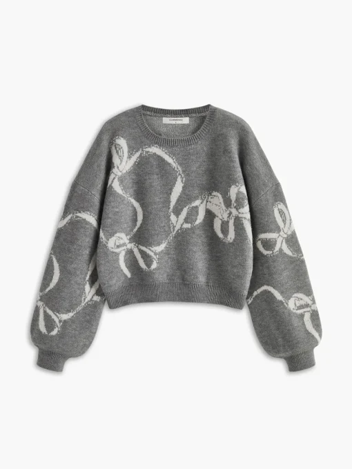 COMMENSE Sweater Tops|Sweaters & Cardigans^Bow Printed Loose Pullover Sweater Grey