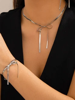 COMMENSE Necklaces|Accessories^Bow Tassel Necklace Bracelet Set Silver