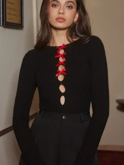 COMMENSE Sweater Tops|Sweaters & Cardigans^Bow-Decor Cutout Skinny Sweater Black