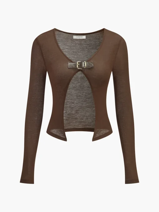 COMMENSE Tops^Buckle Design Split Thin Blouse DarkBrown