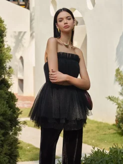 COMMENSE Tops^Bud Waist Mesh Tube Top Black