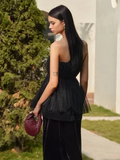 COMMENSE Tops^Bud Waist Mesh Tube Top Black