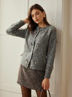 COMMENSE Cardigans|Sweaters & Cardigans^Button Down Bow-Decor Cardigan Grey
