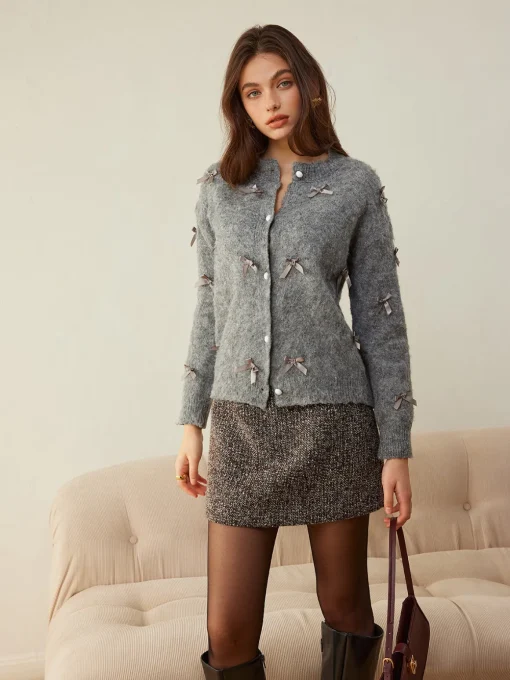 COMMENSE Cardigans|Sweaters & Cardigans^Button Down Bow-Decor Cardigan Grey