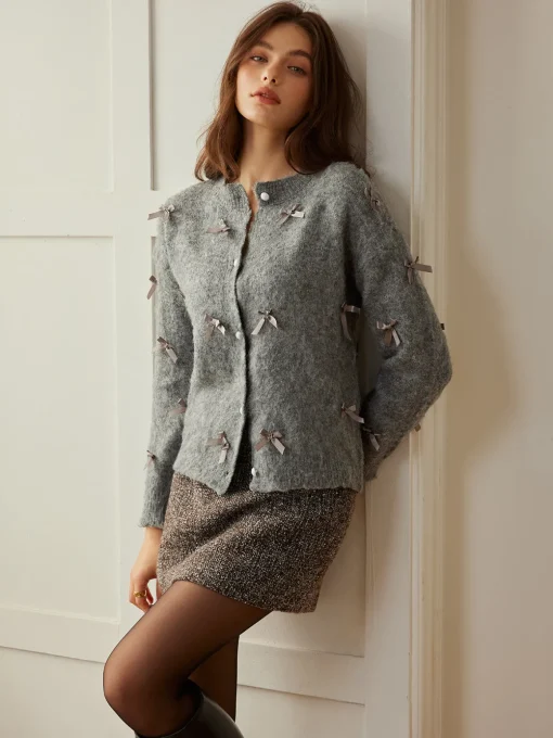 COMMENSE Cardigans|Sweaters & Cardigans^Button Down Bow-Decor Cardigan Grey