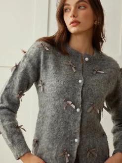 COMMENSE Cardigans|Sweaters & Cardigans^Button Down Bow-Decor Cardigan Grey