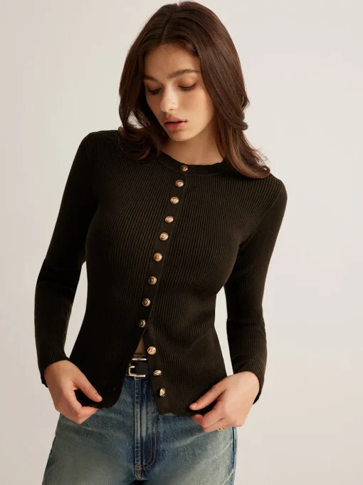 COMMENSE Sweater Tops|Sweaters & Cardigans^Button Down Skinny Knit Top Black