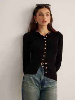 COMMENSE Sweater Tops|Sweaters & Cardigans^Button Down Skinny Knit Top Black