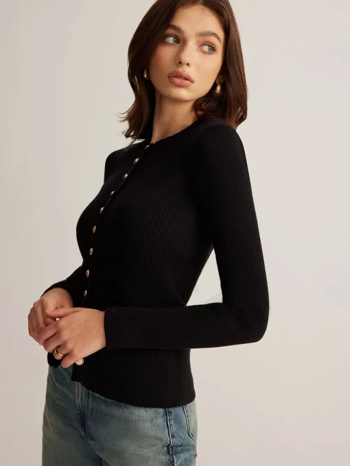 COMMENSE Sweater Tops|Sweaters & Cardigans^Button Down Skinny Knit Top Black